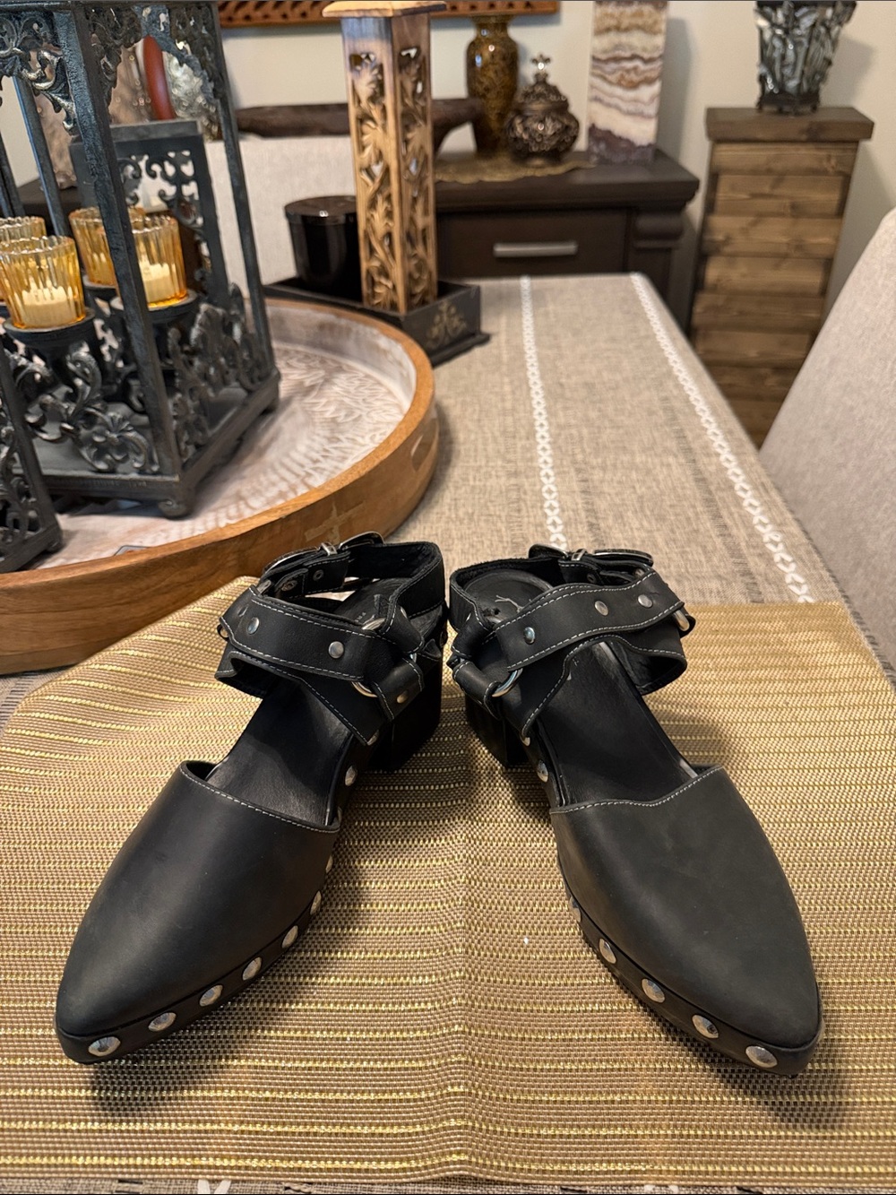 Jeffrey Campbell Black Studded Leather Mules with Ankle Strap